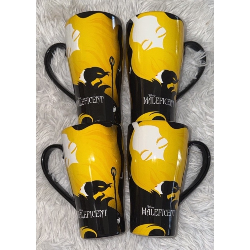 Disney Maleficent Coffee Mug Set of 4 Yellow Black Villain Silhouette Latte Cup